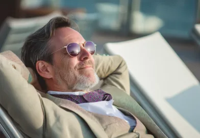 Midcent: En medelålders man njuter av solsken i en solstol, klädd i en elegant kostym med solglasögon. Bilden förmedlar en känsla av avslappning och stilfullt leverne. Kategori: Livsstil.