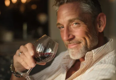 Midcent presenterar en medelålders man njutande av ett glas rödvin i sofistikerad miljö. Bilden förmedlar en känsla av avkoppling och elegans, perfekt för att skapa en atmosfär av lyx och njutning. Kategori: Mat.