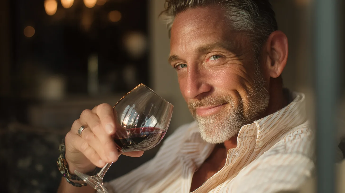 Midcent presenterar en medelålders man njutande av ett glas rödvin i sofistikerad miljö. Bilden förmedlar en känsla av avkoppling och elegans, perfekt för att skapa en atmosfär av lyx och njutning. Kategori: Mat.