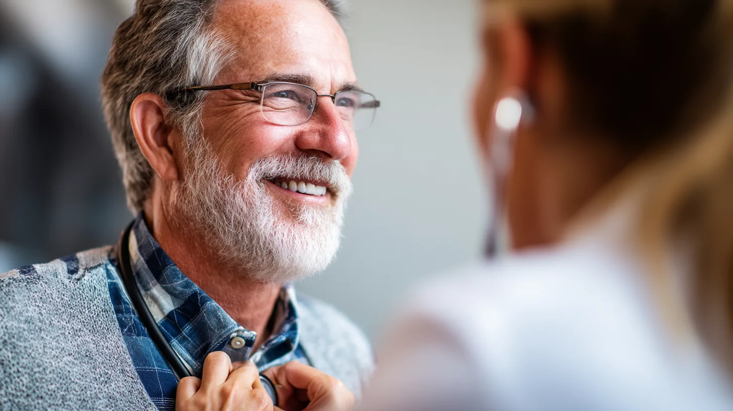Midcent: En medelålders man får en hälsokontroll hos läkare, vilket förbättrar hans välbefinnande och livskvalitet. Hälsa.