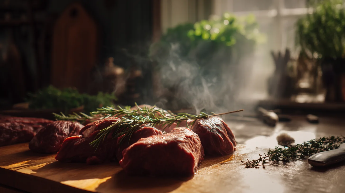 Midcent: Njut av nykryddade köttbitar som ångar på ett rustikt träbord. Perfekt för gourmetmatlagning och matfotografering. Upptäck hemligheten bakom saftiga stekar med rosmarin och färska örter i ett hemtrevligt kök.
