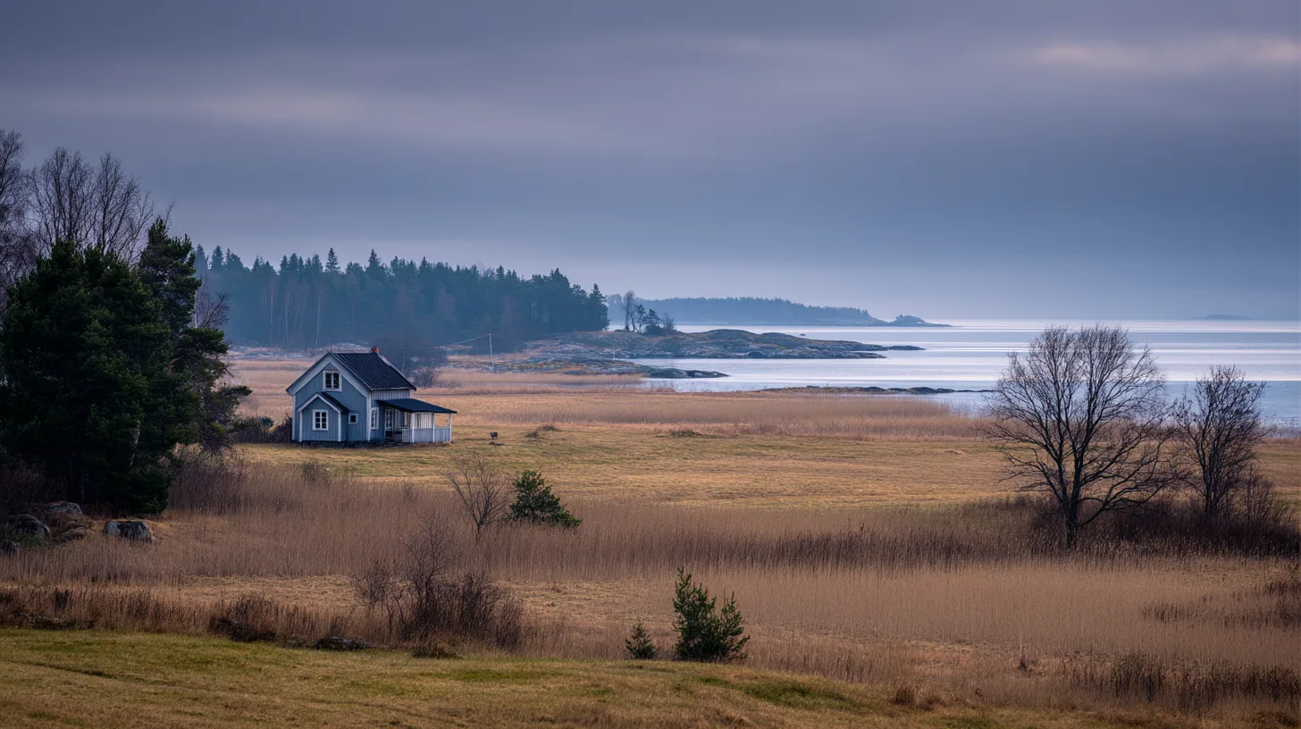 Midcent: En pittoresk landskapsbild vid havet. En idyllisk stuga omgiven av natur och vatten. Perfekt för att fly vardagens stress och uppleva lugnet vid kusten. Kategori: Resa.
