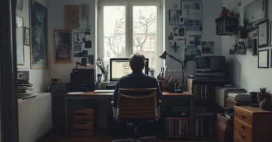 Midcent beskriver en inspirerande hemmakontorsmiljö med en medelålders man som fokuserat arbetar vid en dator. Rummet är kreativt inrett med affischer och böcker. Perfekt för produktivitet och kreativt arbete.Kategori: Teknik.