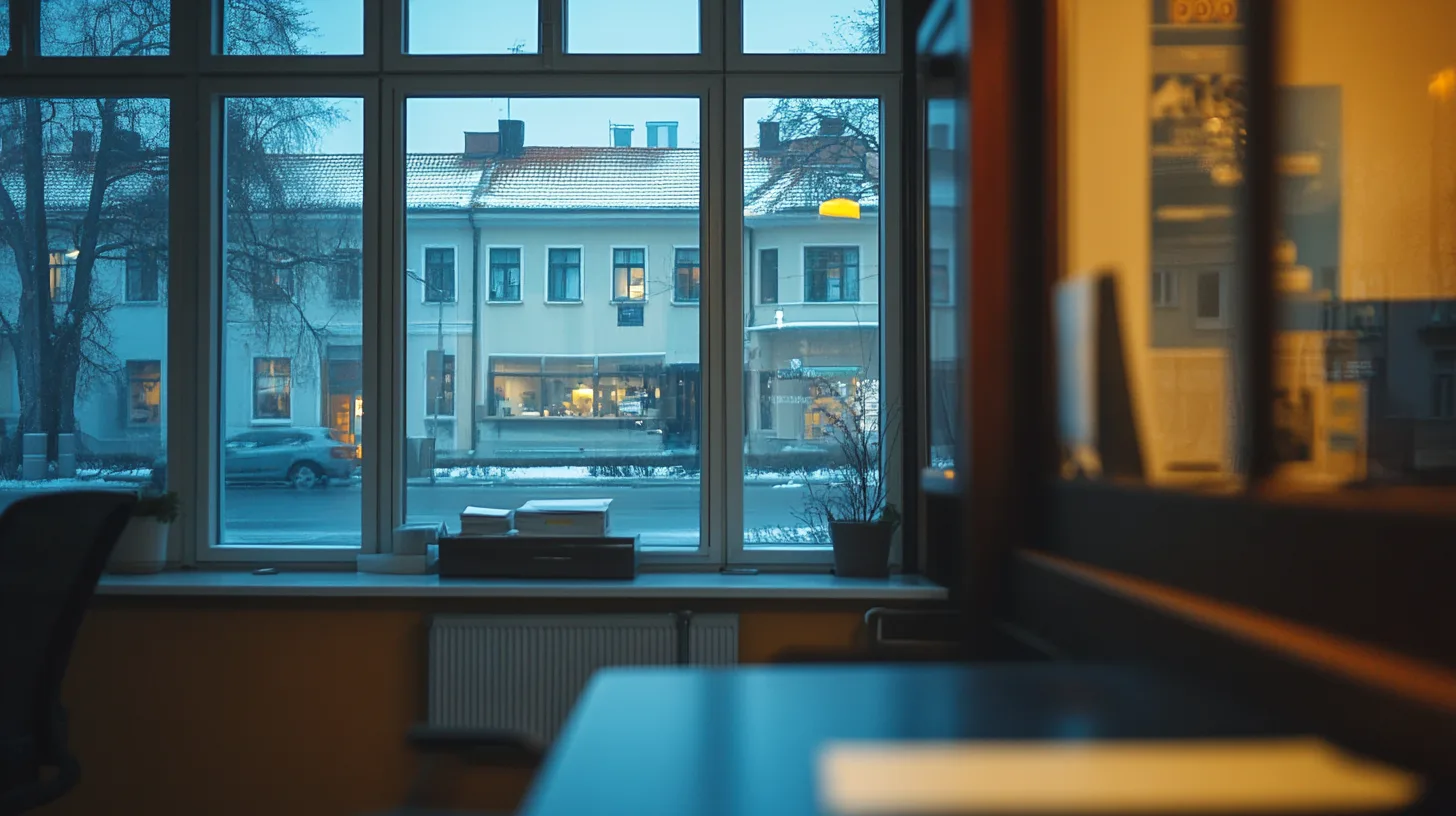 Midcent - En fönsterutsikt över en vintergata med bilar och belysta byggnader. Kontorsmiljön speglas i glaset, vilket skapar en harmonisk atmosfär. Perfekt för arbetsro och inspiration. Kategori: Ekonomi.