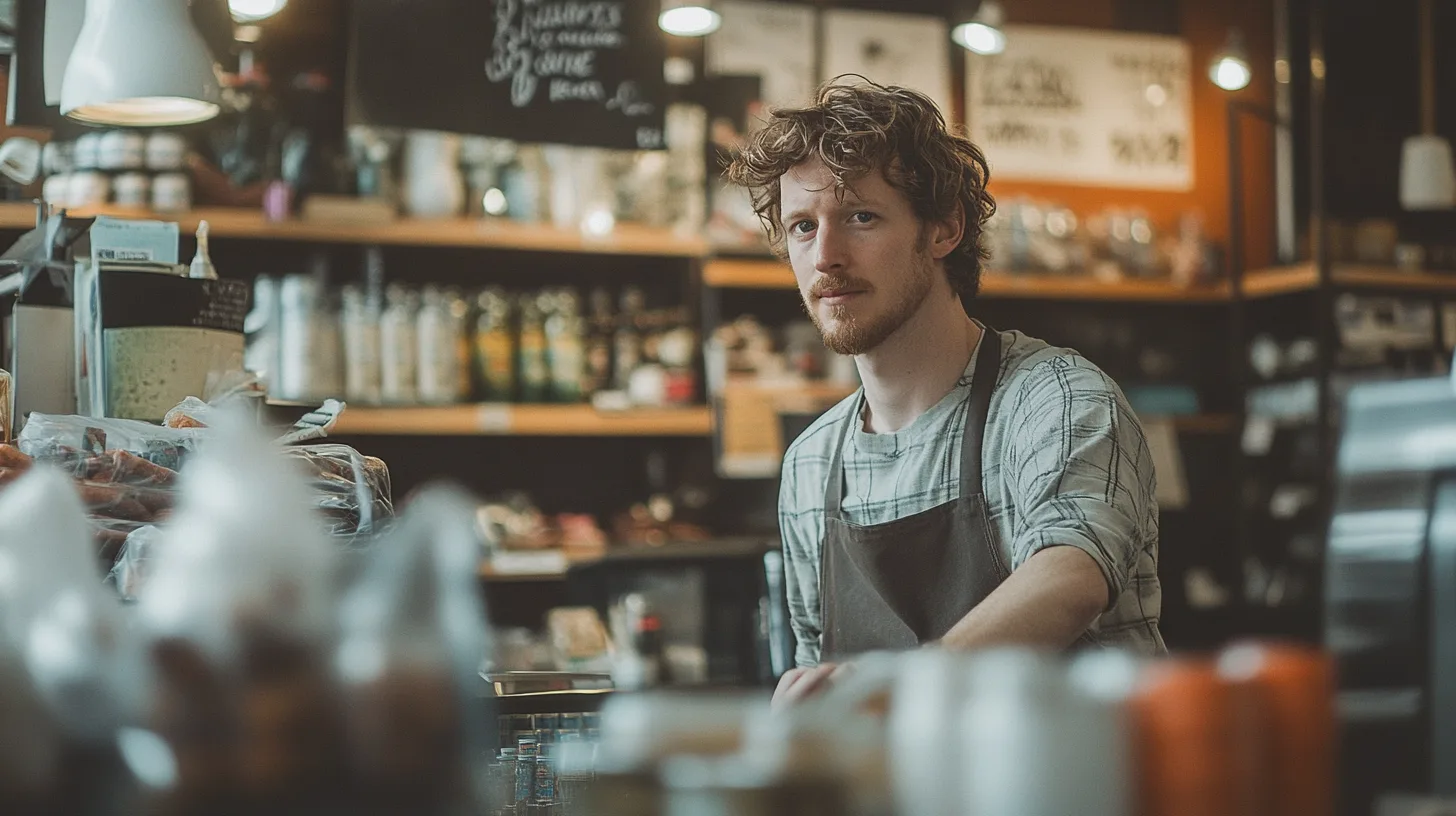 Midcent: En medelålders man arbetar bakom disken i en charmig butik. Omgiven av hyllor med produkter, bär han ett förkläde och tittar in i kameran. Miljön skapar en hemtrevlig atmosfär. Kategori: Samhälle.
