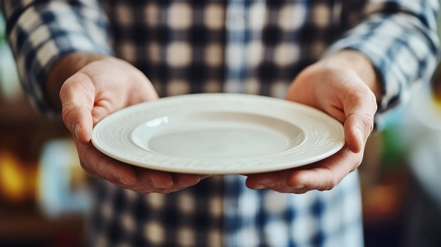 Midcent: En medelålders man i rutig skjorta håller en vit tallrik med båda händerna, vilket symboliserar gästfrihet och matupplevelse. Bilden fångar känslan av förväntan och delning. Kategori: Mat.