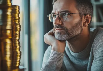 Midcent: En medelålders man i glasögon reflekterar över staplar av guldmynt, symboliserande ekonomisk planering och investeringar. Kategorin är Ekonomi.