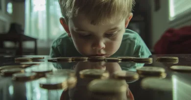 En ung pojke studerar mynt med koncentration, vilket symboliserar tidig ekonomisk lärdom och intresse för pengar. Bilden betonar vikten av att introducera barn till ekonomiskt tänkande från tidig ålder. Midcent. Kategori: Ekonomi.