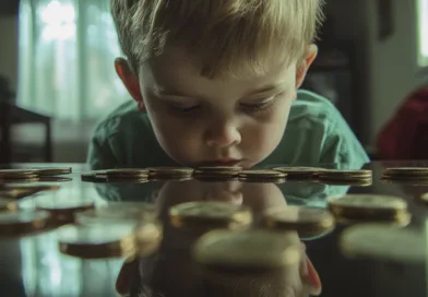 En ung pojke studerar mynt med koncentration, vilket symboliserar tidig ekonomisk lärdom och intresse för pengar. Bilden betonar vikten av att introducera barn till ekonomiskt tänkande från tidig ålder. Midcent. Kategori: Ekonomi.