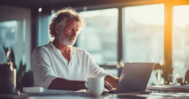 En vuxen man arbetar fokuserat vid datorn i ett ljust kontor. Midcent erbjuder insikter och inspiration för digitala entreprenörer. Kategori: Teknik.