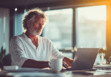 En vuxen man arbetar fokuserat vid datorn i ett ljust kontor. Midcent erbjuder insikter och inspiration för digitala entreprenörer. Kategori: Teknik.