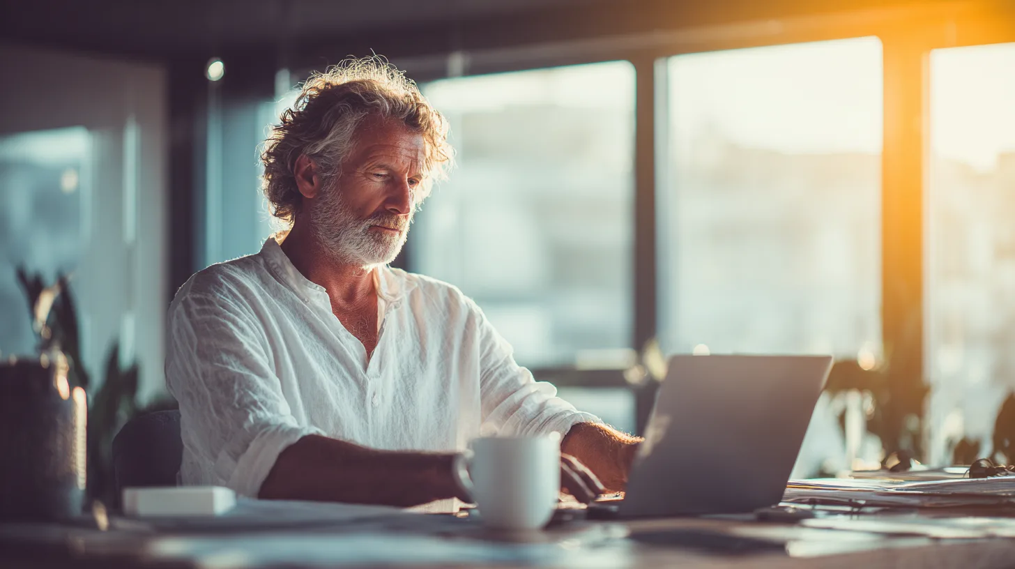 En vuxen man arbetar fokuserat vid datorn i ett ljust kontor. Midcent erbjuder insikter och inspiration för digitala entreprenörer. Kategori: Teknik.