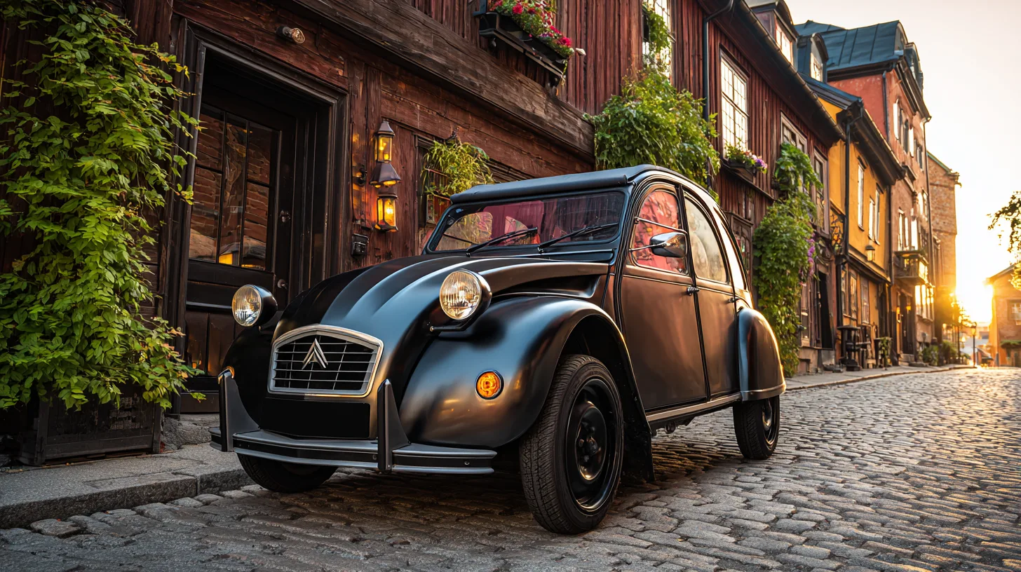 Midcent – en elegant och klassisk bil står på en gammal stenlagd gata, omgiven av charmiga hus. Perfekt för bilentusiaster och nostalgiker.Kategori: Resa.