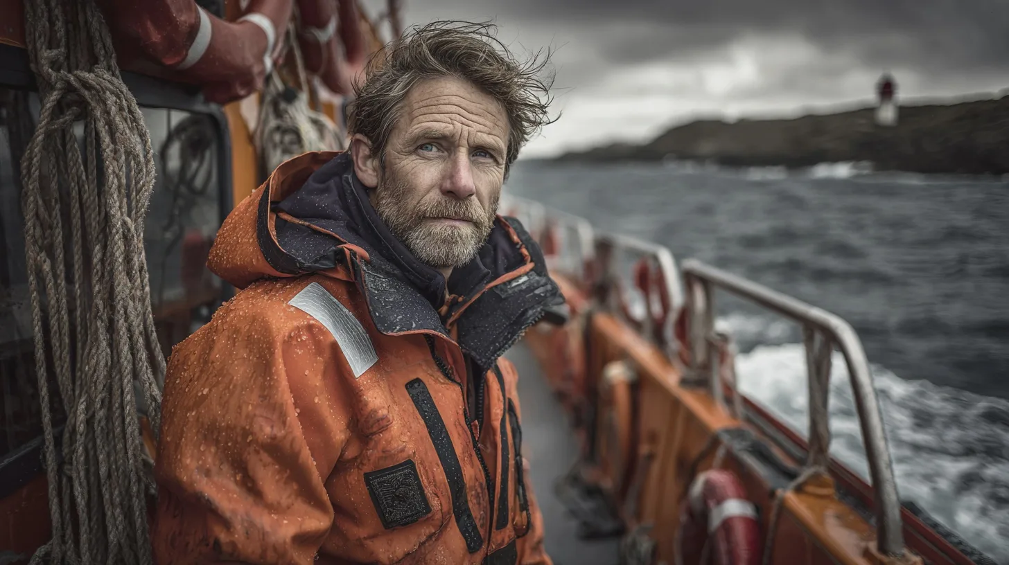Midcent, en vuxen man på båt i stormigt väder. Fokus på säkerhet och uthållighet på havet. Kategori: Samhälle.