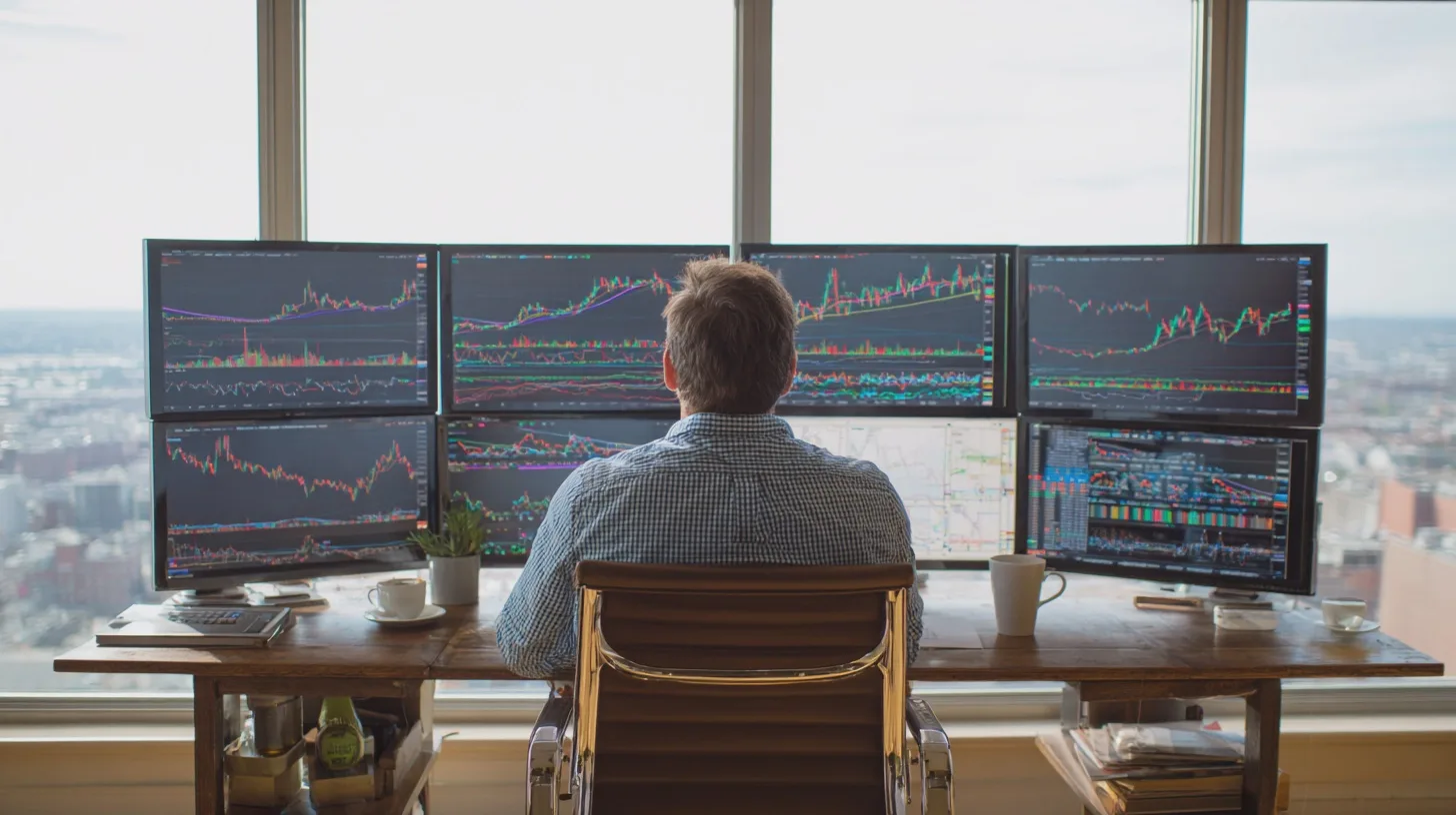 Ekonomi, aktiemarknad, handel, analyser, investerare, datorskärm, kontorsmiljö, finansiell teknik, trender, beslut.