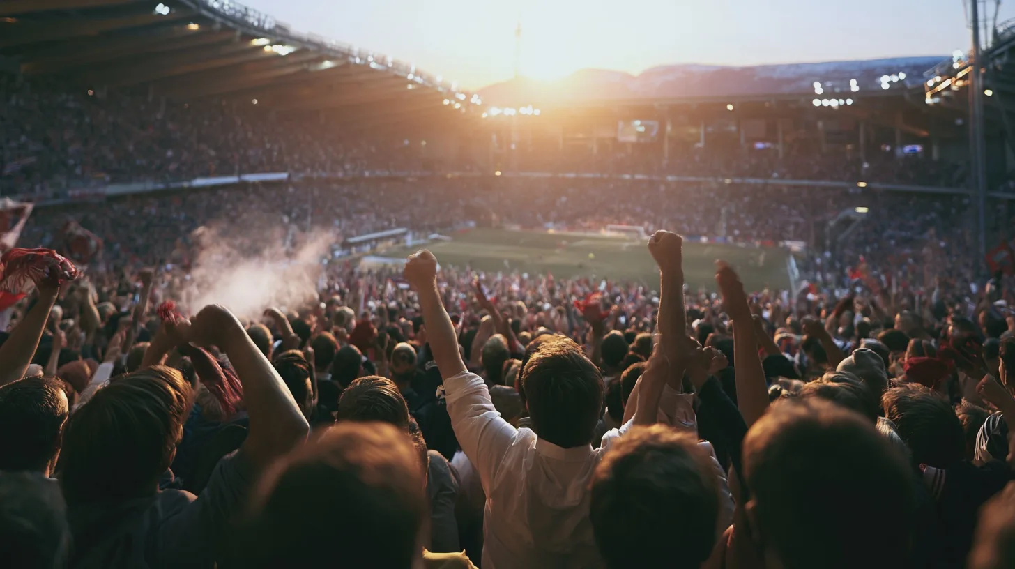 Sport, publik, fotboll, stadion, glädje, engagemang, support, laganda, match, festligt, åskådare, atmosfär, stämning, solidaritet, heja.