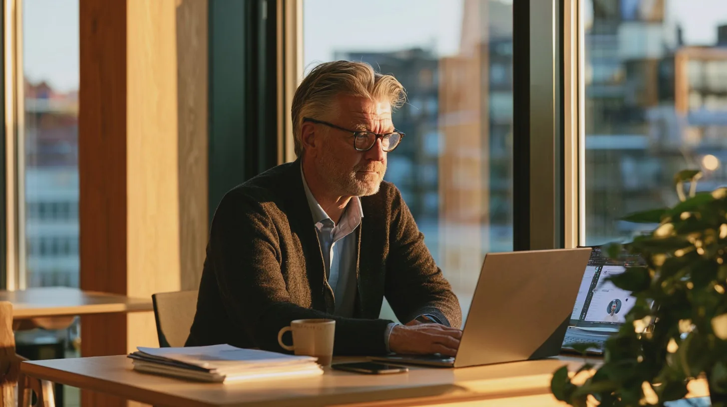 Kategori: TeknikNyckelord: arbete, kontor, dator, man, fönster, solnedgång, produktivitet, hemmakontor, affärsmiljö, fokus