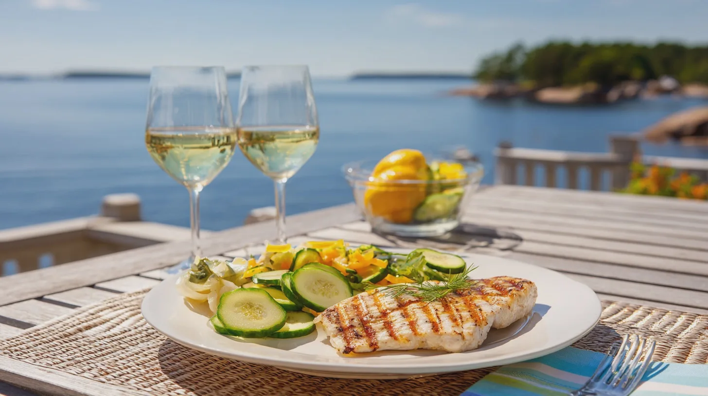 Mat, ResaGrillad fisk, fräsch sallad, vitt vin, havsutsikt, sommar, avkoppling, utomhusmiddag, gastronomi, njutning.