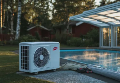 Teknik, luftkonditionering, utomhus, pool, energieffektiv, komfort, installation, sommarnöje, hemmet, modern teknologi.