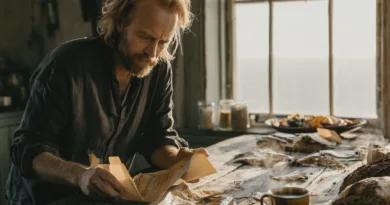 Bearded man in a dark shirt reads a folded newspaper at a messy wooden table by a sunlit window.
