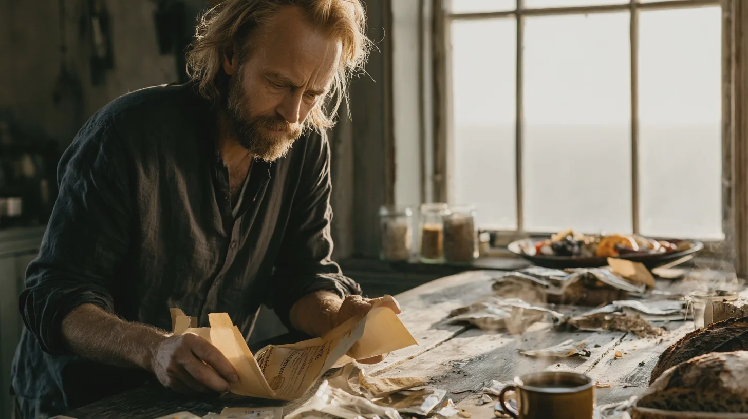 Bearded man in a dark shirt reads a folded newspaper at a messy wooden table by a sunlit window.