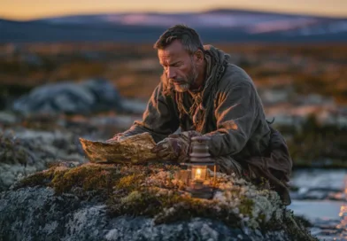 Resanatur, äventyr, utforskning, karta, lantern, man, landskap, utomhus, solnedgång, vildmark
