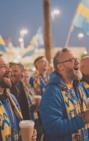 Midcent föreställer en entusiastisk samling svenska fotbollssupportrar som firar tillsammans. Stämningen är glad och energisk. Kategori: Sport.