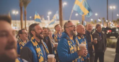 Midcent föreställer en entusiastisk samling svenska fotbollssupportrar som firar tillsammans. Stämningen är glad och energisk. Kategori: Sport.