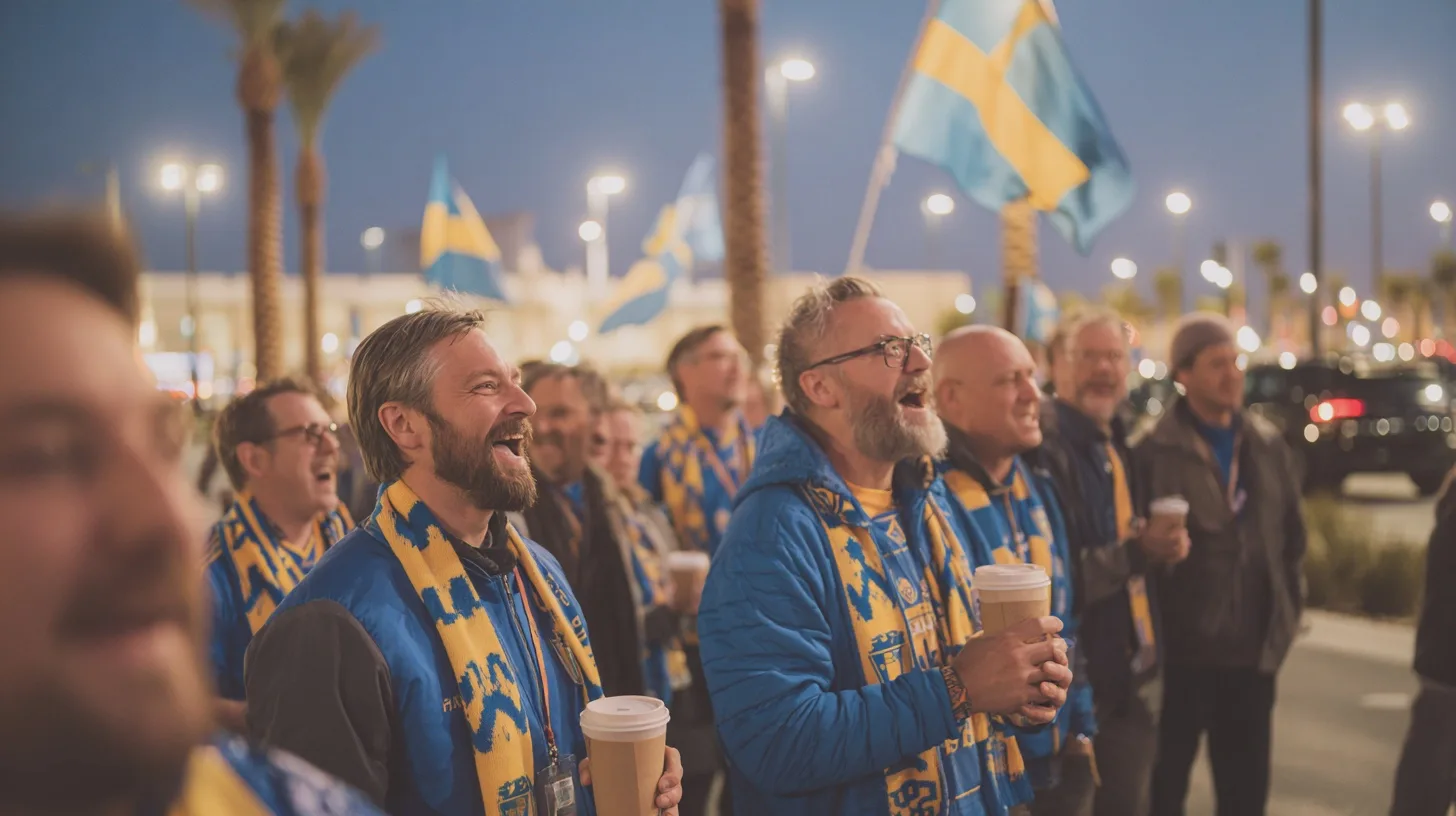 Midcent föreställer en entusiastisk samling svenska fotbollssupportrar som firar tillsammans. Stämningen är glad och energisk. Kategori: Sport.