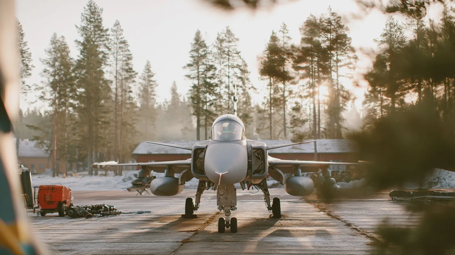 Kategori: TeknikNyckelord: JAS 39 Gripen, militärflygplan, flygbas, vintermiljö, skog, försvar, svenska flygvapnet, teknik, infrastruktur.