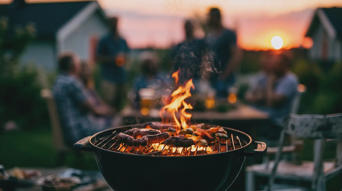 MatGrillning, fest, sommar, kött, grönsaker, vänner, utemiljö, solnedgång, avkoppling, njutning.