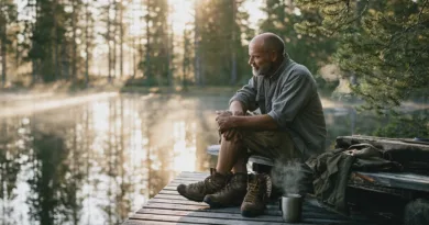 ResaNatur, avkoppling, friluftsliv, sjö, morgondimma, meditation, vandring, äventyr, kaffe, ensamhet, stillhet, man.