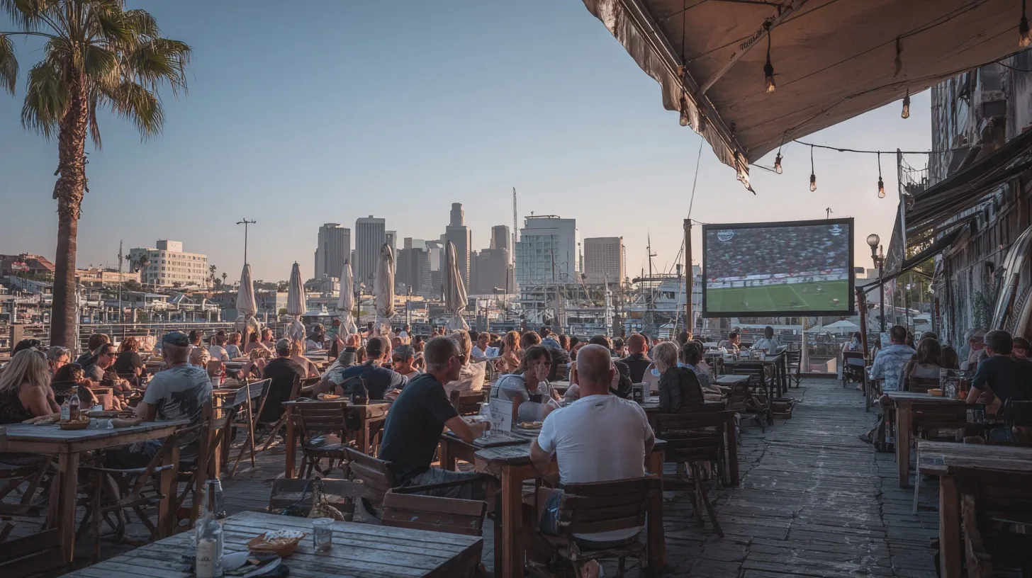 Midcent erbjuder en livlig atmosfär på en uteservering med sportvisning och utsikt över staden. Perfekt för sociala event och avkoppling. Kategori: Underhållning.