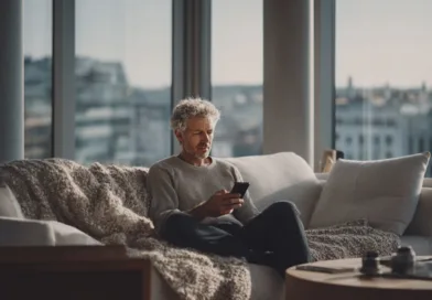 Underhållningdigital livsstil, smartphone, avkoppling, man, inomhus, modern inredning, naturligt ljus, vardag, soffhäng, stadsutsikt