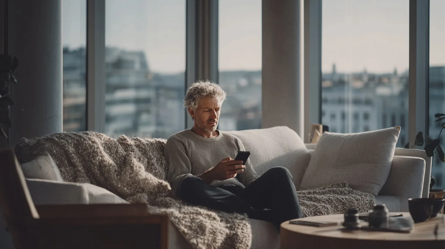 Underhållningdigital livsstil, smartphone, avkoppling, man, inomhus, modern inredning, naturligt ljus, vardag, soffhäng, stadsutsikt