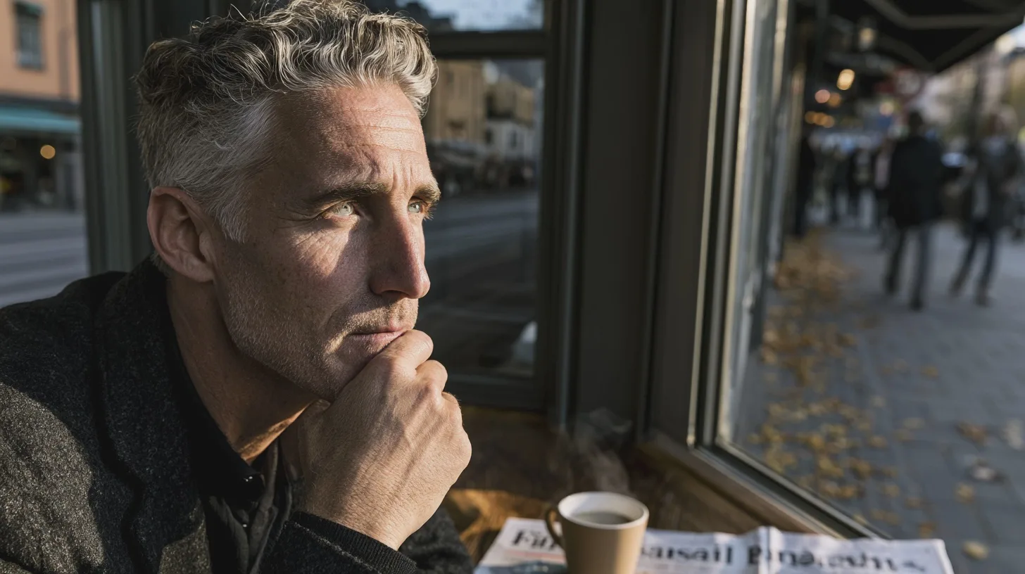Samhälle, reflektion, man, kaffe, tidning, fönster, stadsliv, eftertanke, lugn, atmosfär, höst, miljö, vardag.