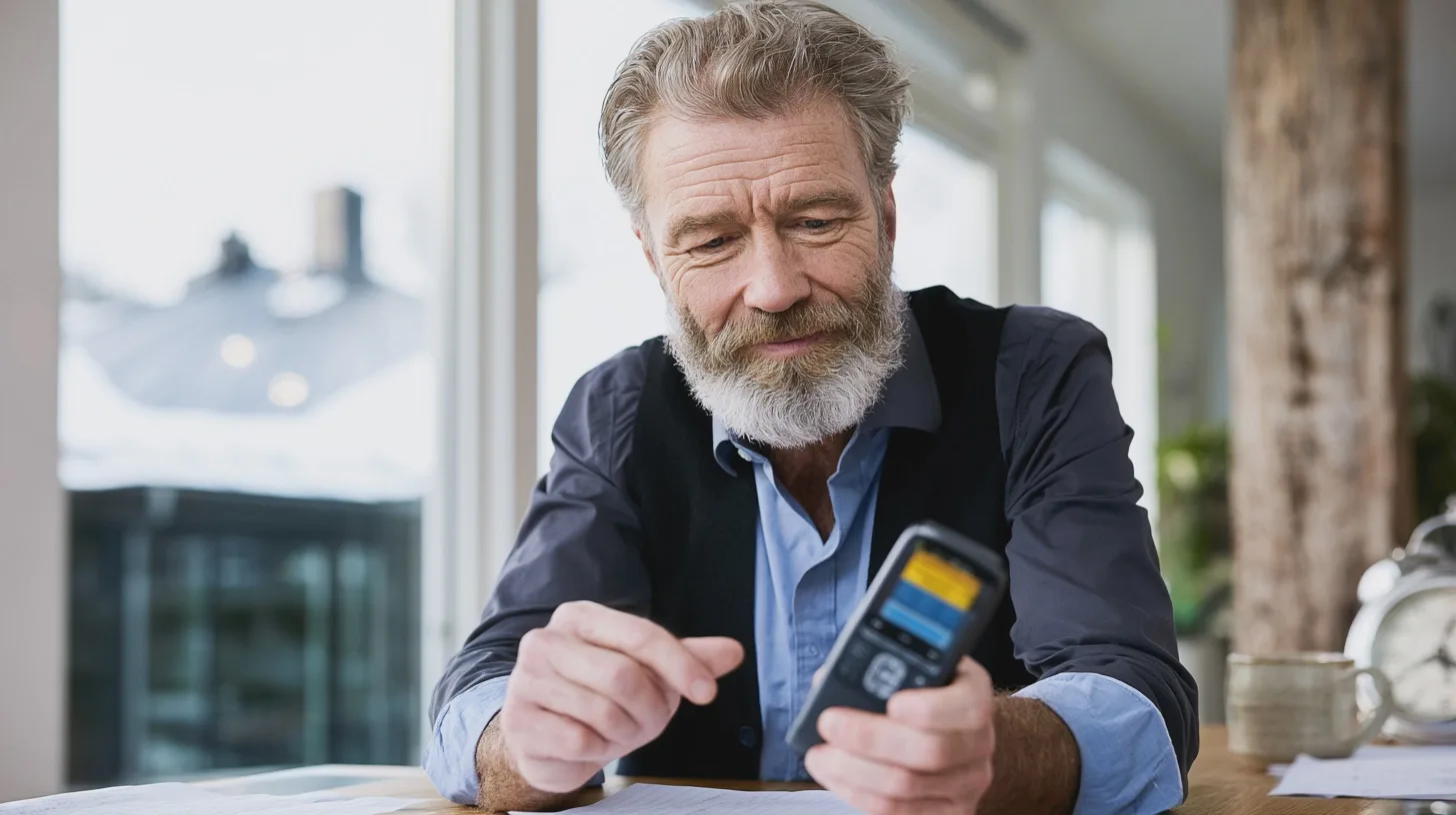 Tekniksmartphone, äldre man, hem, teknologi, kommunikation, interaktion, sittande, läsning, inomhusmiljö, fokus