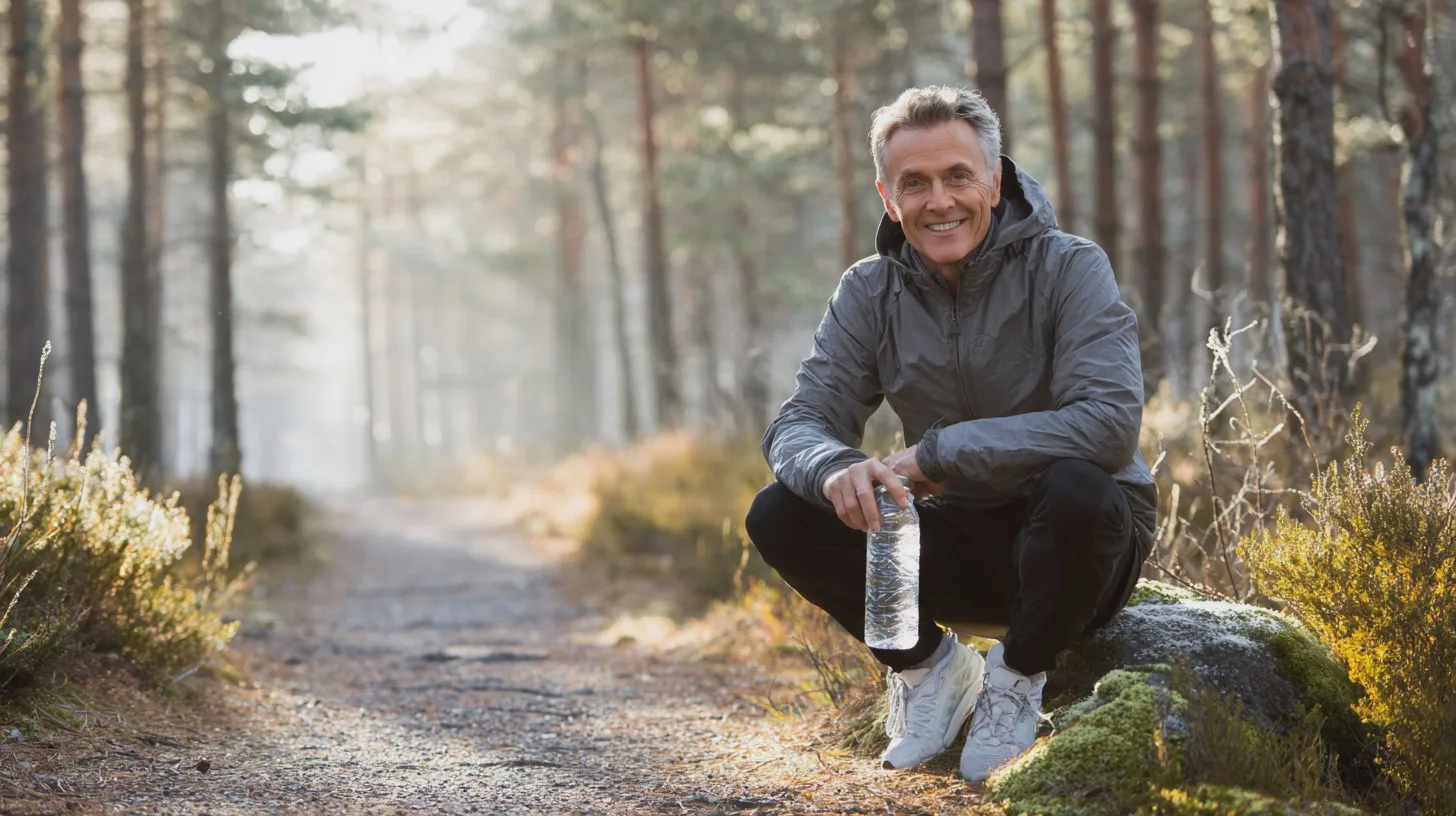 Midcent: En vuxen man sitter på en sten i skogen med en vattenflaska. Hälsa.