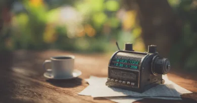 Midcent, en nostalgisk bild som visar en vintage-radio och en kaffe kopp, perfekt för en avkopplande stund. Kategori: Underhållning.