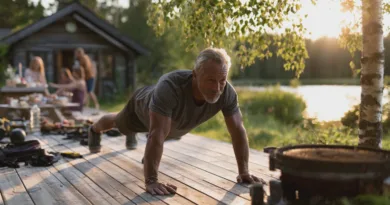 Sport: träning, styrka, styrketräning, hälsa, utomhus, planka, äldre män, fitness, livsstil, natur.