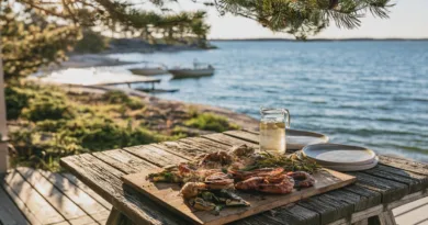 Mat, Skaldjur, Grilla, Picknick, Havsutsikt, Sommar, Färska ingredienser, Natur, Träbord, Avkoppling