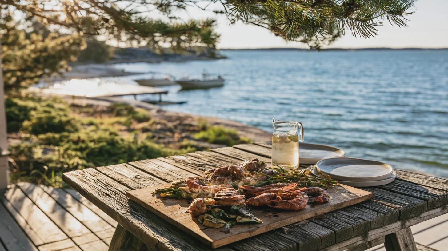 Mat, Skaldjur, Grilla, Picknick, Havsutsikt, Sommar, Färska ingredienser, Natur, Träbord, Avkoppling
