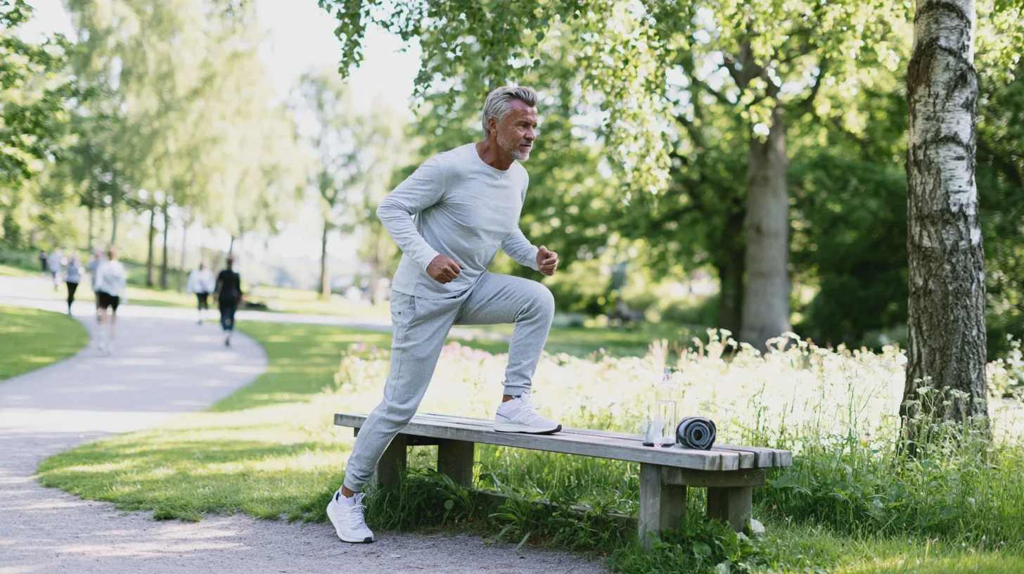 SportMotion, hälsa, utomhus, jogging, styrketräning, träning, välbefinnande, park, seniorsport, aktiv livsstil.