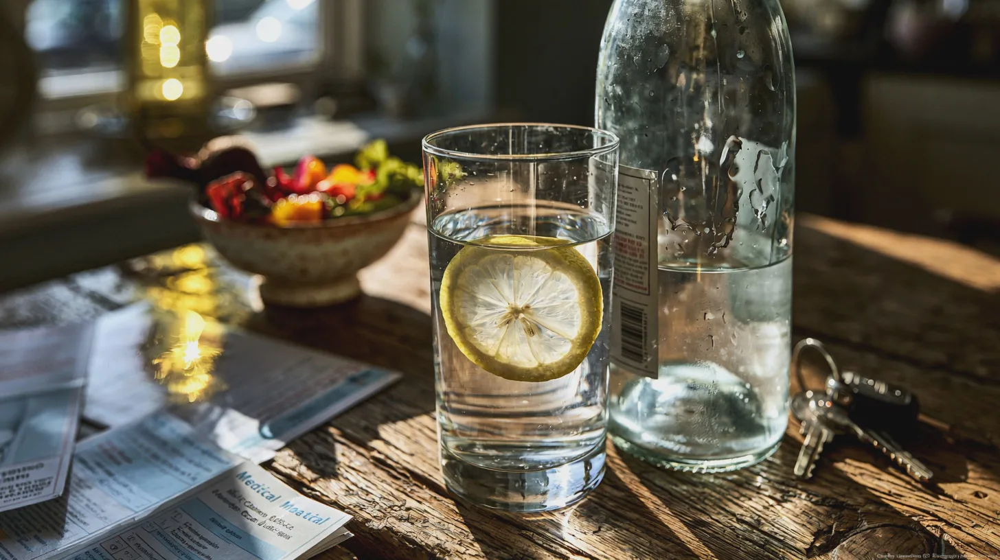 Mat, dryck, citron, vatten, hälsa, friskhet, inredning, naturligt ljus, avslappning, stil.