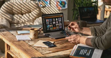 Kategori: TeknikNyckelord: arbetsplats, laptop, smartphone, kreativa verktyg, produktivitet, anteckningar, hemkontor, digital skapat, multitasking, avkoppling.