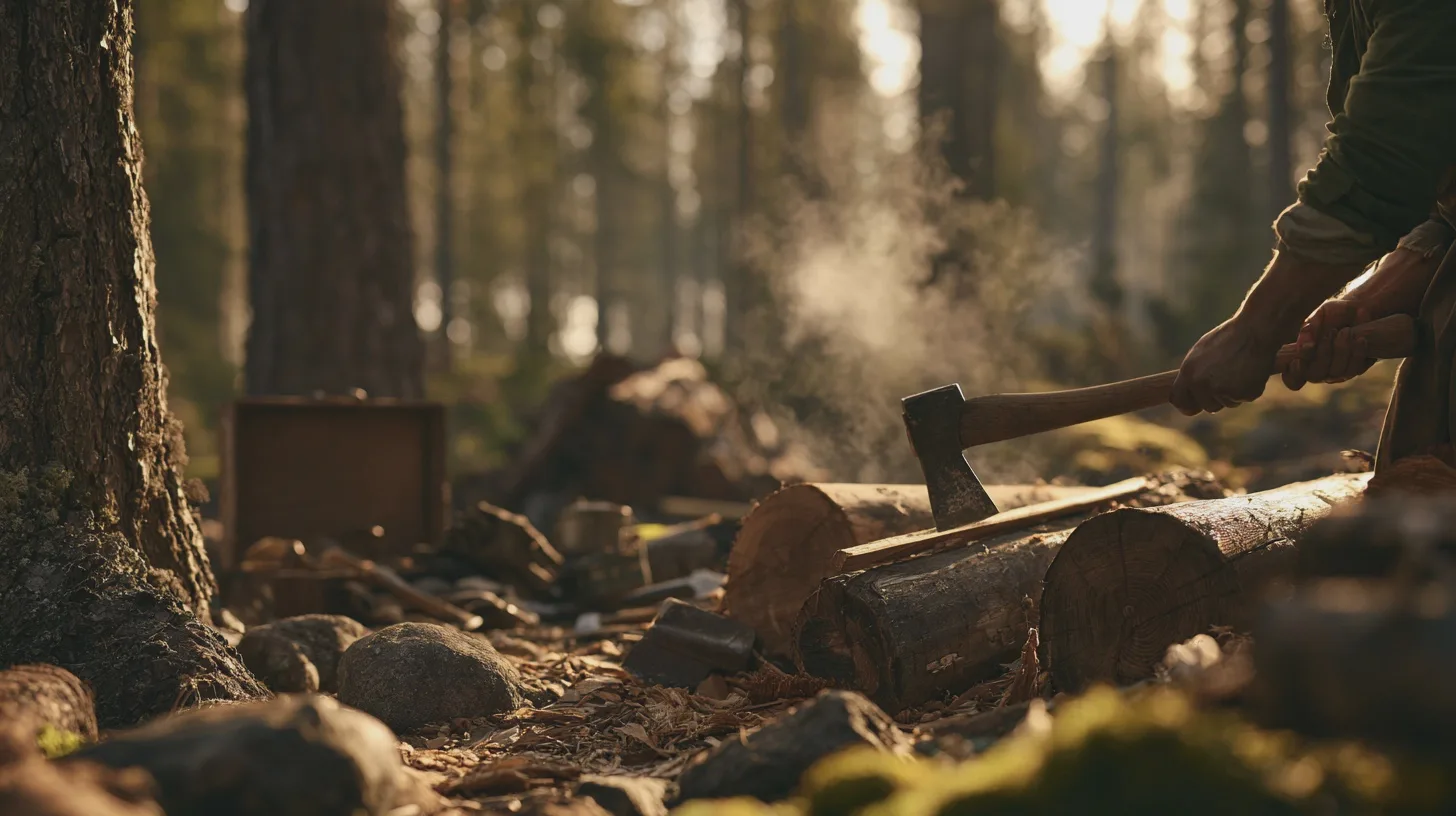 NaturHugga ved, skog, äventyr, utelek, friluftsliv, verktyg, avkoppling, skogsarbete, trä, ax.