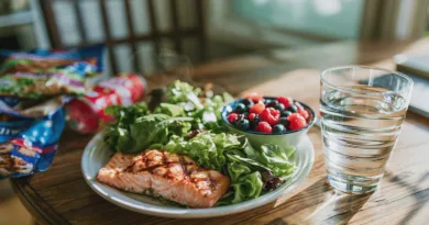 Mat: Lax, grönsaker, bär, sallad, vatten, hälsosam kost, näringsrik, balanserad måltid, lågkalori, färska ingredienser.