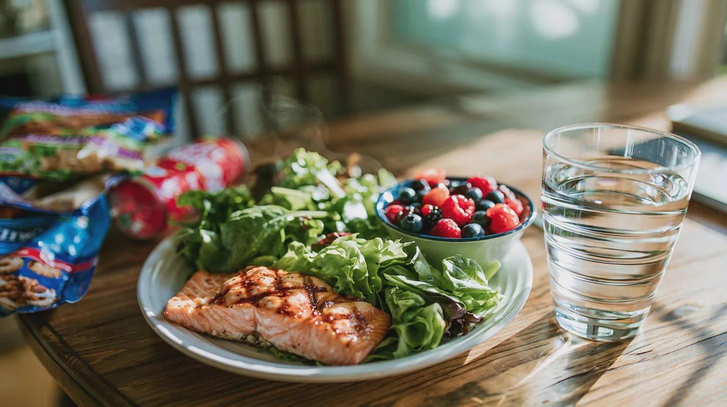 Mat: Lax, grönsaker, bär, sallad, vatten, hälsosam kost, näringsrik, balanserad måltid, lågkalori, färska ingredienser.