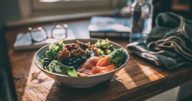 Mat: Sallad, lax, nötter, blåbär, grönsaker, hälsosam kost, näringsrik, hemlagad, fräsch, måltid, bordsdukning.