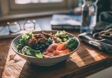 Mat: Sallad, lax, nötter, blåbär, grönsaker, hälsosam kost, näringsrik, hemlagad, fräsch, måltid, bordsdukning.